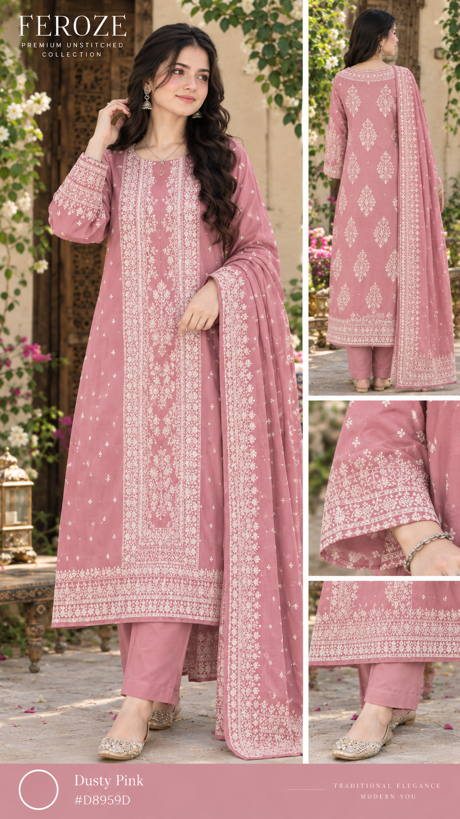 Faroza by Kashis – Premium Cotton Jacquard Brosha 3-Piece Suit Dusty Pink