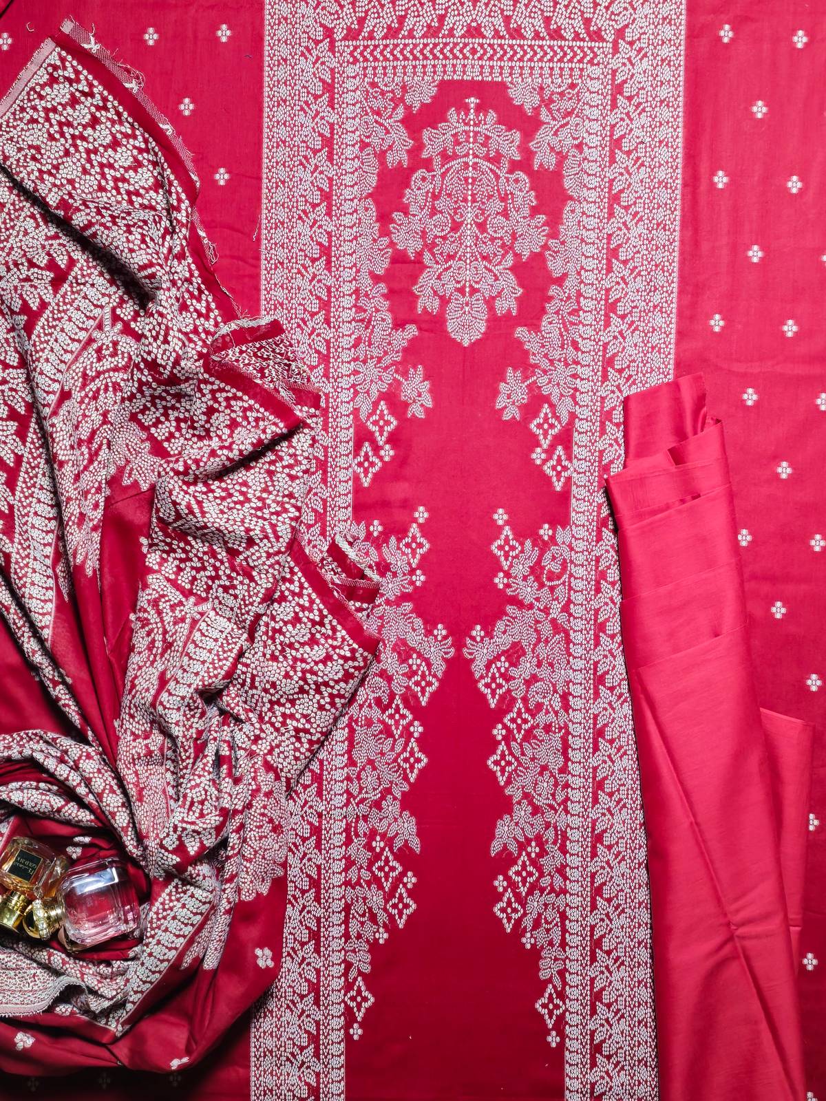 Faroza by Kashis – Premium Cotton Jacquard Brosha 3-Piece Suit Slate Rani / Magenta Pink