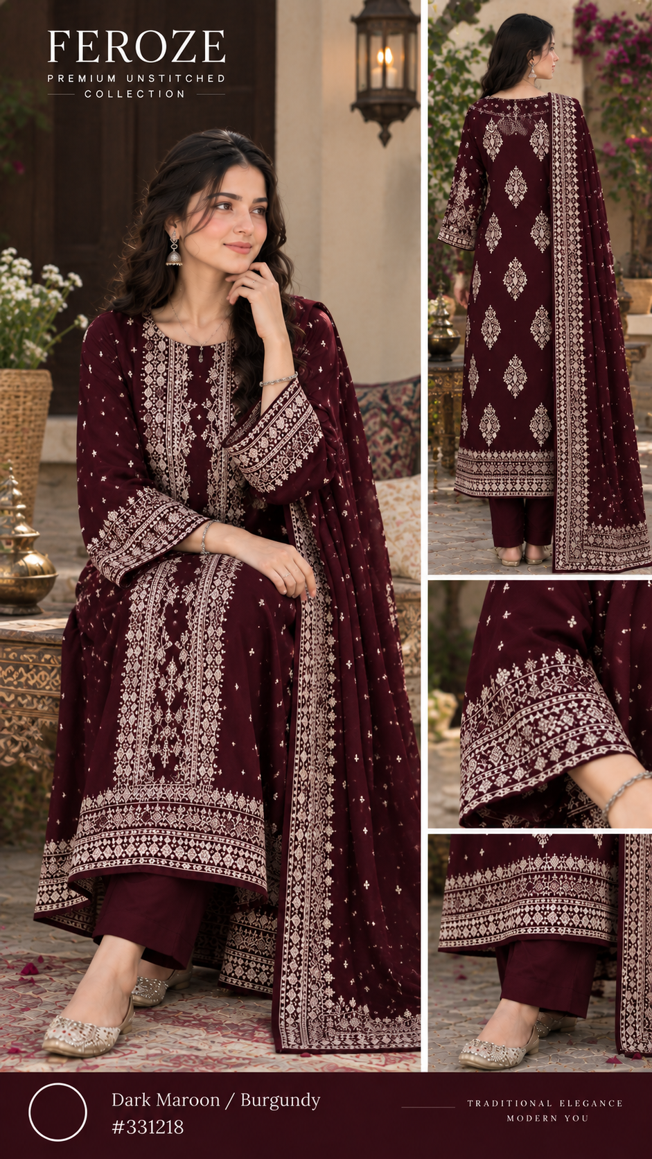 Faroza by Kashis – Premium Cotton Jacquard Brosha 3-Piece Suit Dark Maroon / Burgundy
