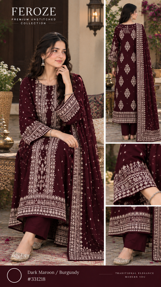 Faroza by Kashis – Premium Cotton Jacquard Brosha 3-Piece Suit Dark Maroon / Burgundy