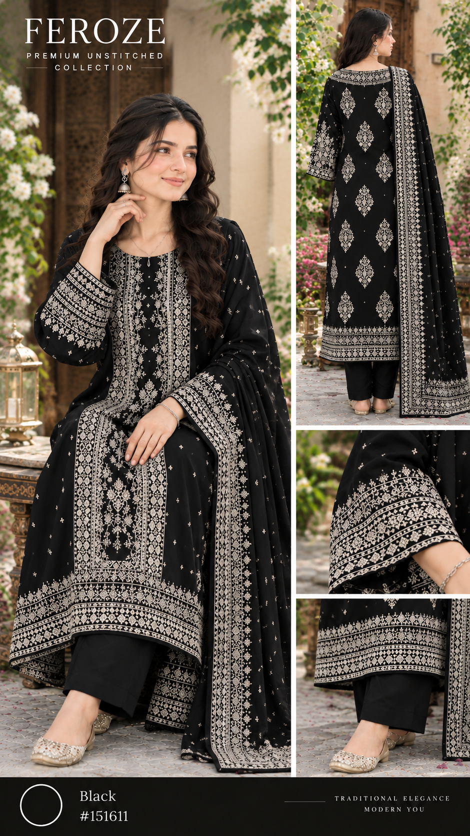 Faroza by Kashis – Premium Cotton Jacquard Brosha 3-Piece Suit Black