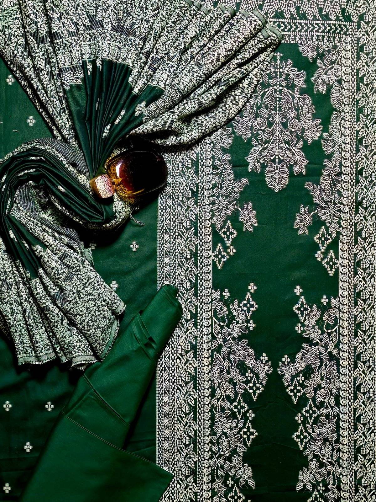 Faroza by Kashis – Premium Cotton Jacquard Brosha 3-Piece Suit BOTEL GREEN