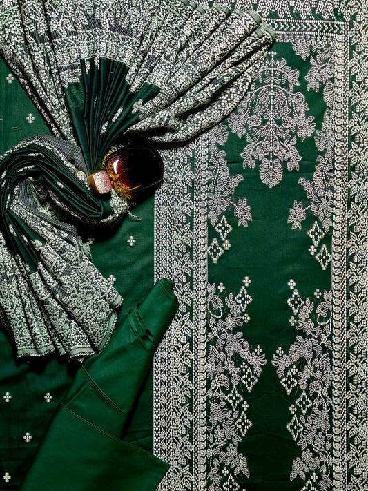 Faroza by Kashis – Premium Cotton Jacquard Brosha 3-Piece Suit BOTEL GREEN