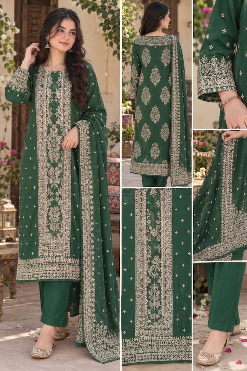 Faroza by Kashis – Premium Cotton Jacquard Brosha 3-Piece Suit BOTEL GREEN