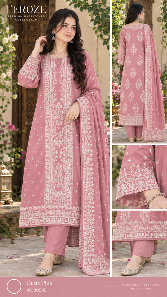 Faroza by Kashis – Premium Cotton Jacquard Brosha 3-Piece Suit Dusty Pink