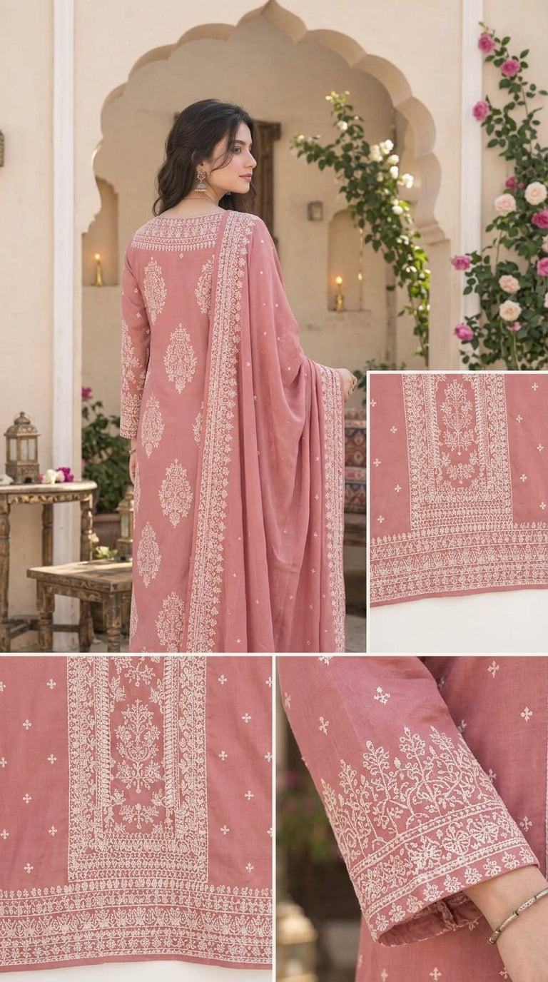 Faroza by Kashis – Premium Cotton Jacquard Brosha 3-Piece Suit Dusty Pink