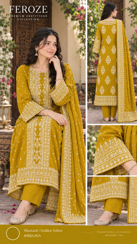 Faroza by Kashis – Premium Cotton Jacquard Brosha 3-Piece Suit Mustard / Golden Yellow