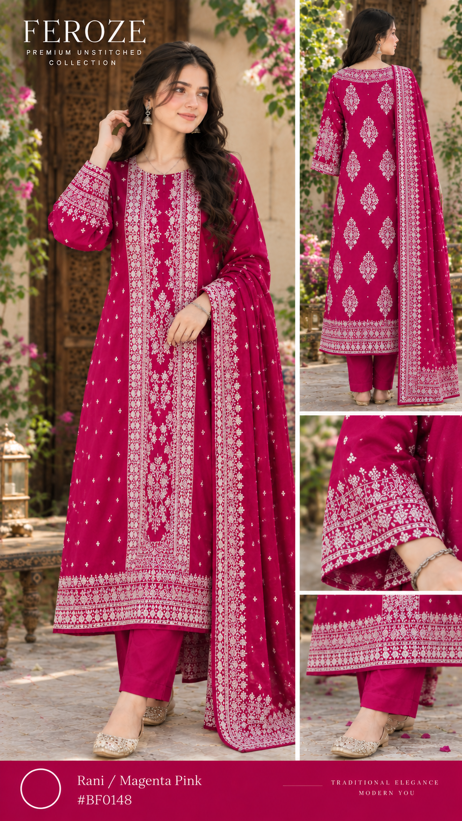 Faroza by Kashis – Premium Cotton Jacquard Brosha 3-Piece Suit Slate Rani / Magenta Pink