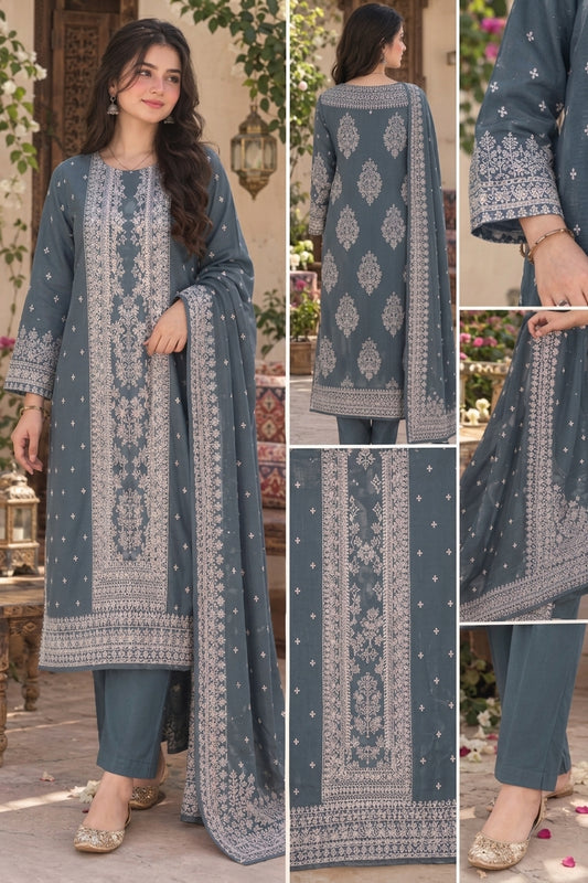 Faroza by Kashis – Premium Cotton Jacquard Brosha 3-Piece Suit Slate Blue / Grey Blue